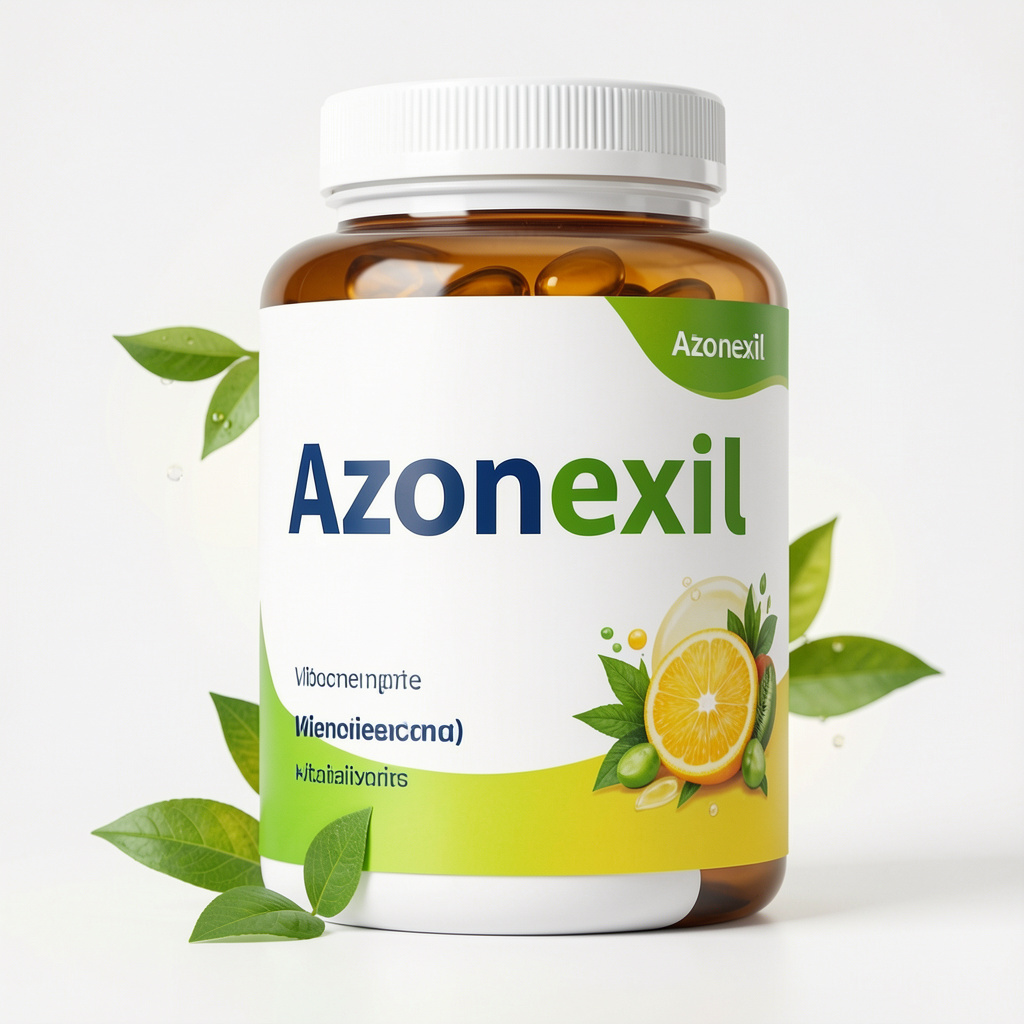 Azonexil natural daily balance complex — glass bottle with amber liquid on a wooden surface with herbs